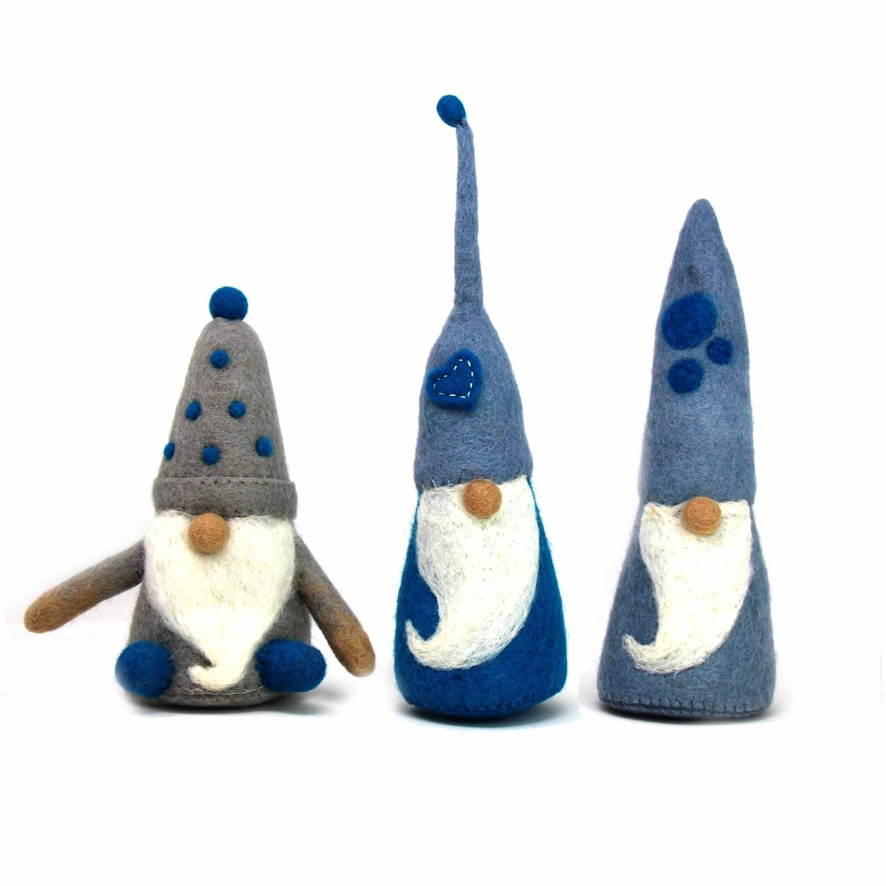 Handmade Blue Wool Gnome Set of 3 Winter Woodland Themed Home Accent Figurines
